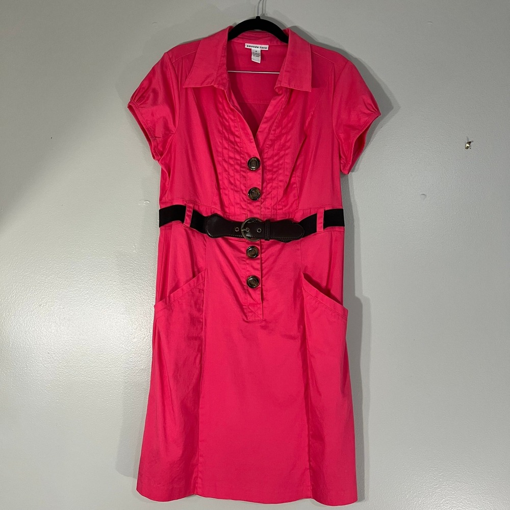 Amanda Lane Hot Pink Belted Shirt Dress Size 12 Short Sleeve barbiecore  bright